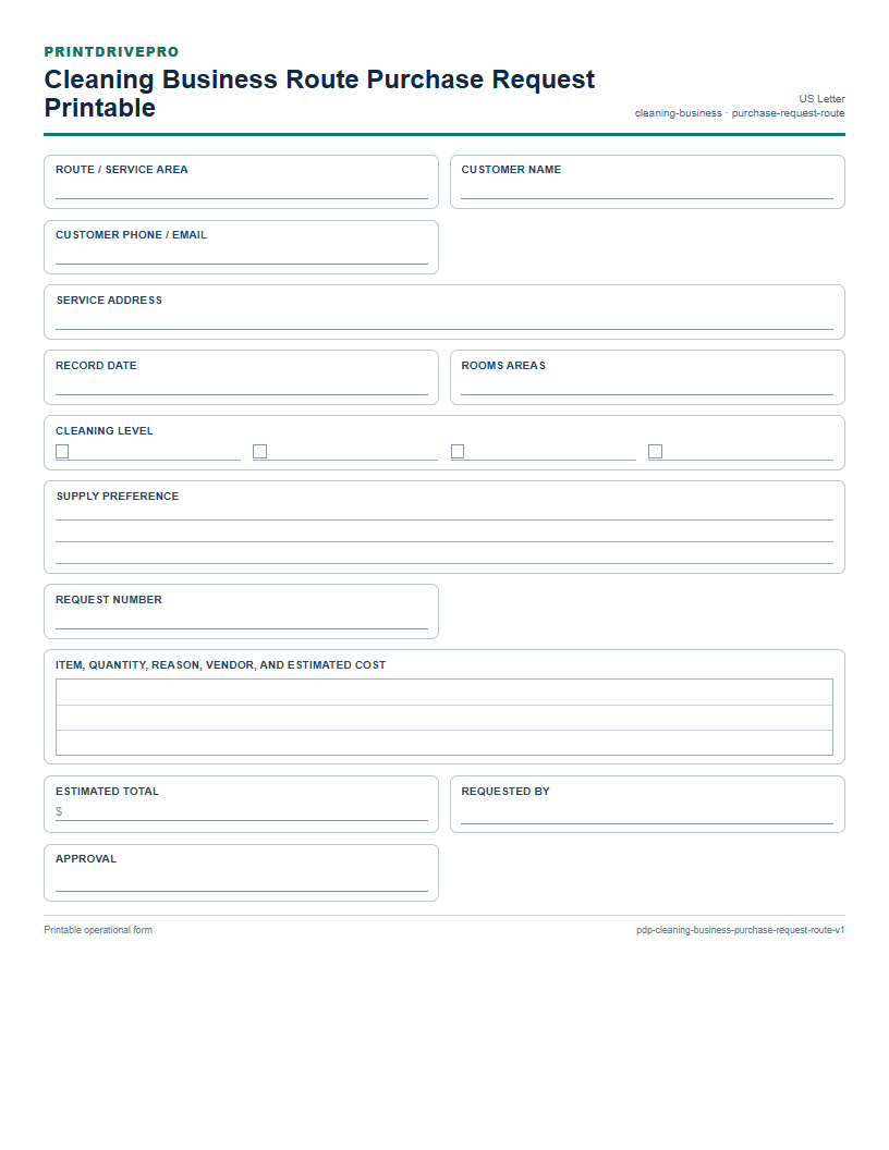 Cleaning Business Route Purchase Request Printable preview