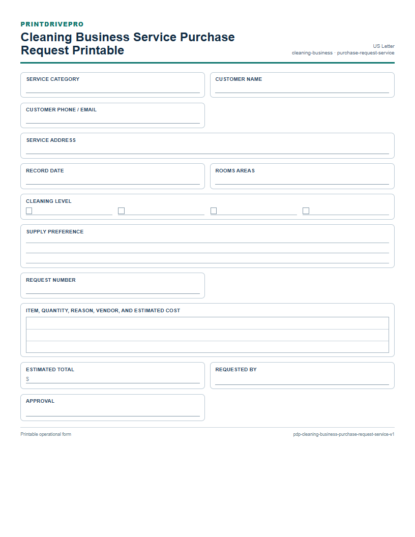 Cleaning Business Service Purchase Request Printable preview