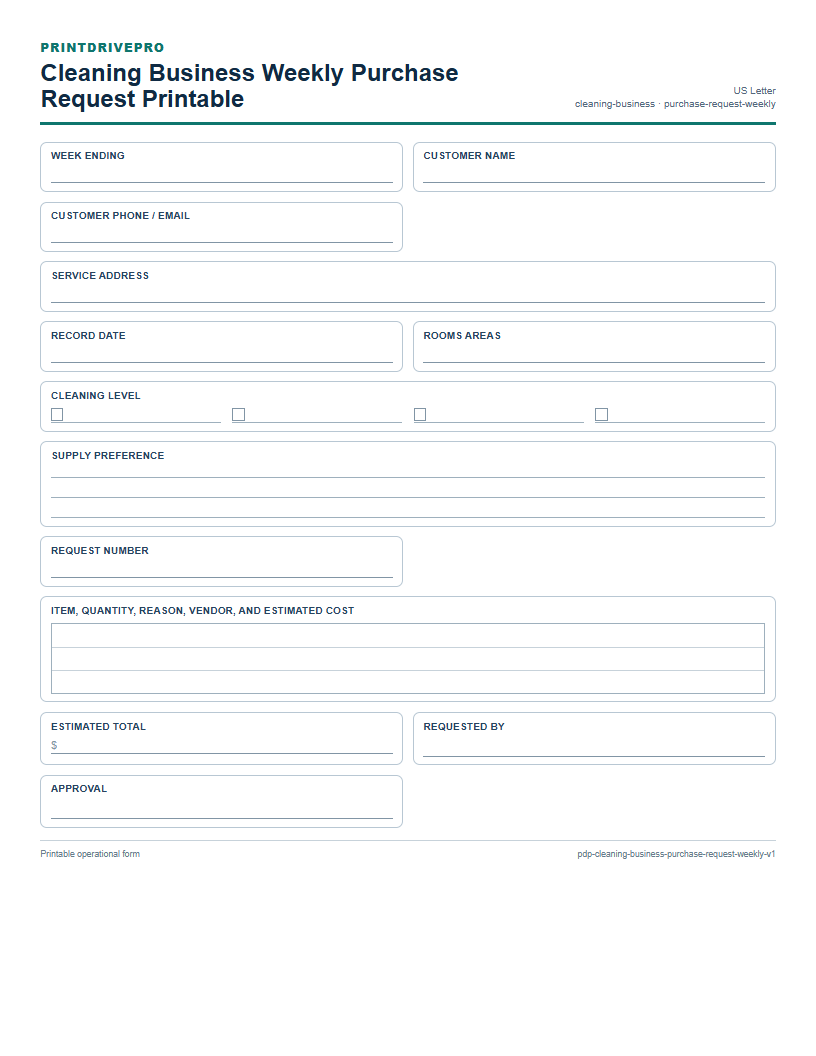 Cleaning Business Weekly Purchase Request Printable preview