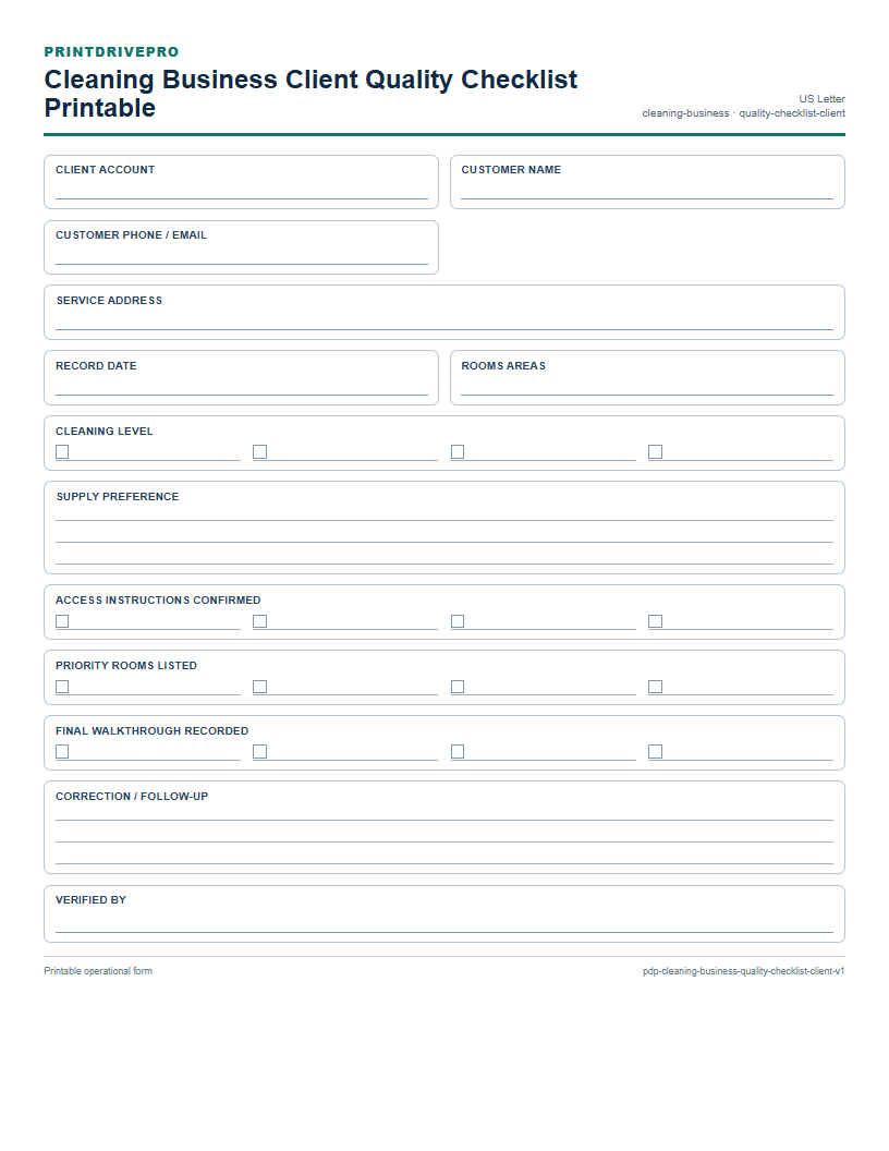 Cleaning Business Client Quality Checklist Printable preview