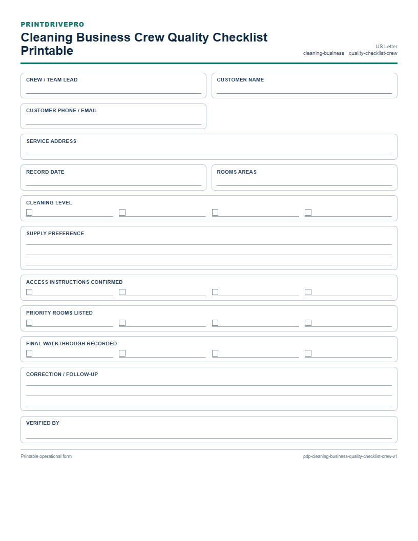 Cleaning Business Crew Quality Checklist Printable preview