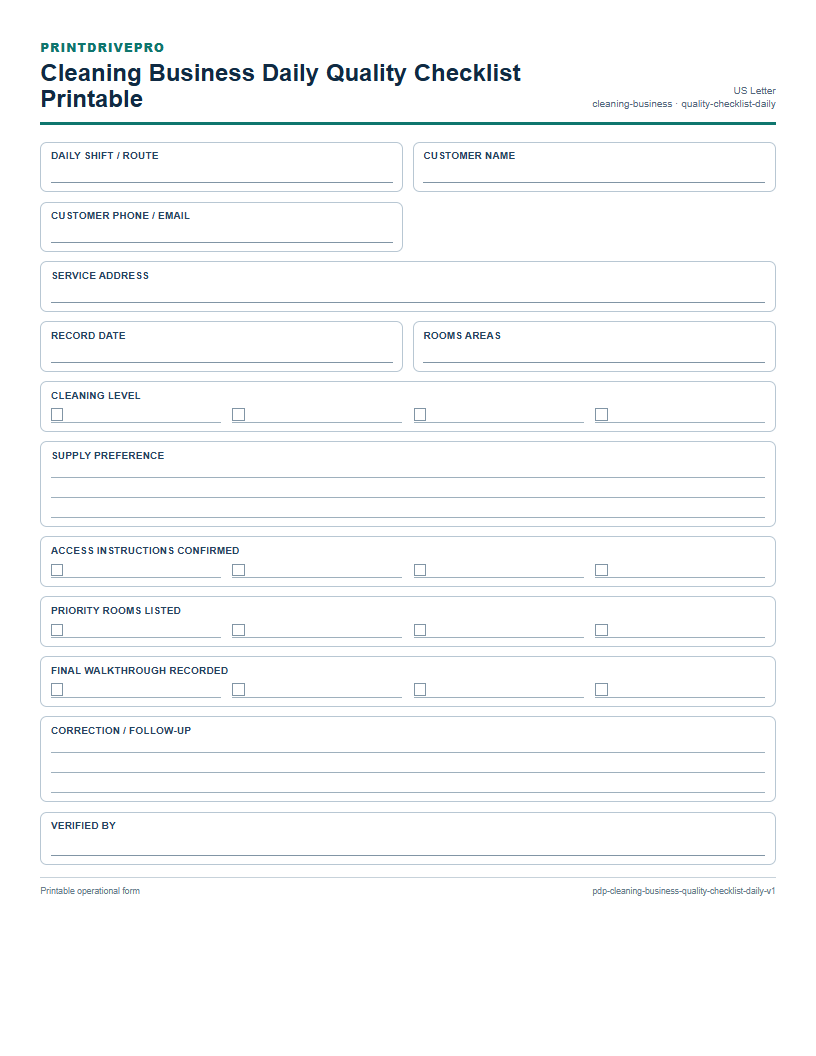 Cleaning Business Daily Quality Checklist Printable preview