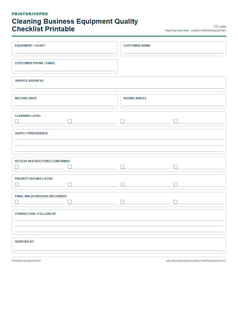 Cleaning Business Equipment Quality Checklist Printable preview