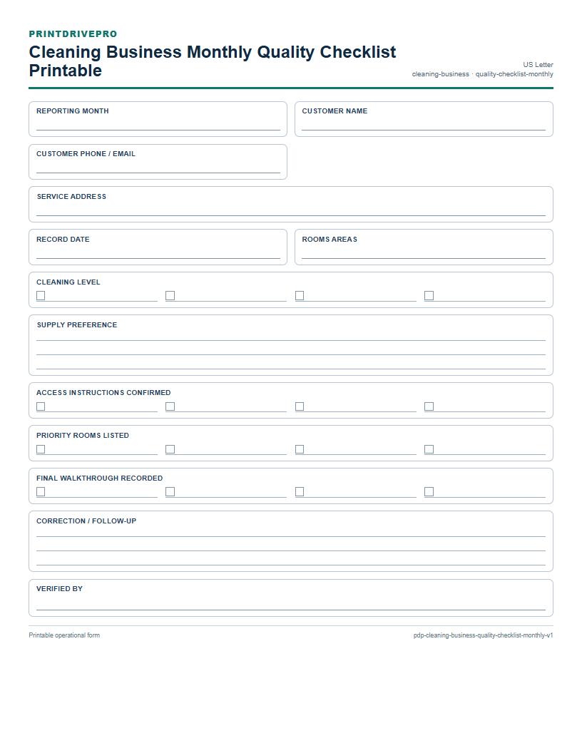 Cleaning Business Monthly Quality Checklist Printable preview