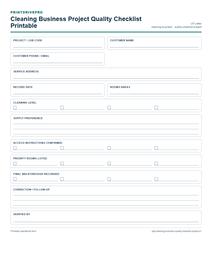Cleaning Business Project Quality Checklist Printable preview