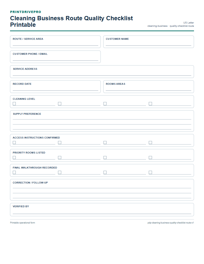 Cleaning Business Route Quality Checklist Printable preview