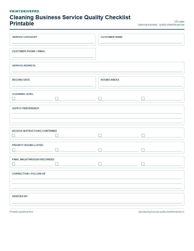 Cleaning Business Service Quality Checklist Printable preview