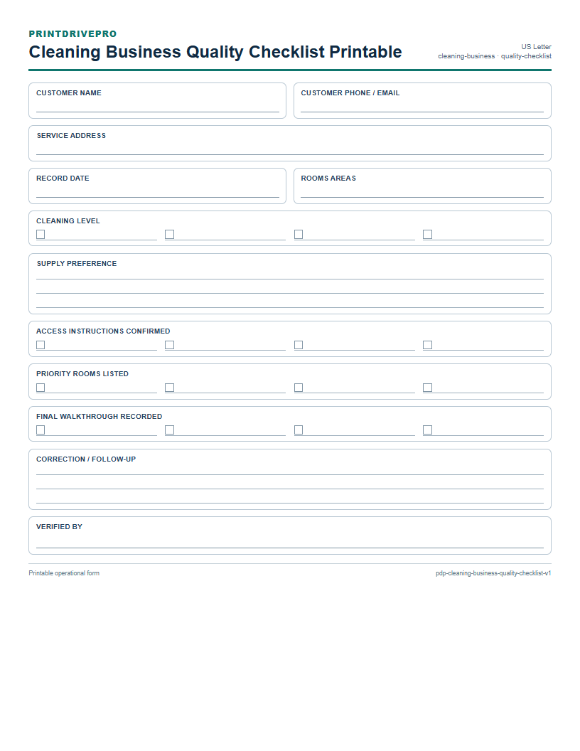 Cleaning Business Quality Checklist Printable preview