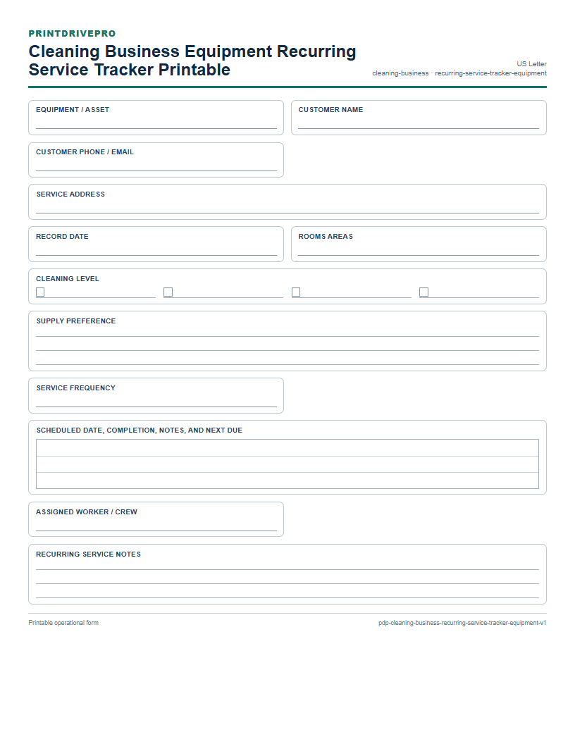 Cleaning Business Equipment Recurring Service Tracker Printable preview