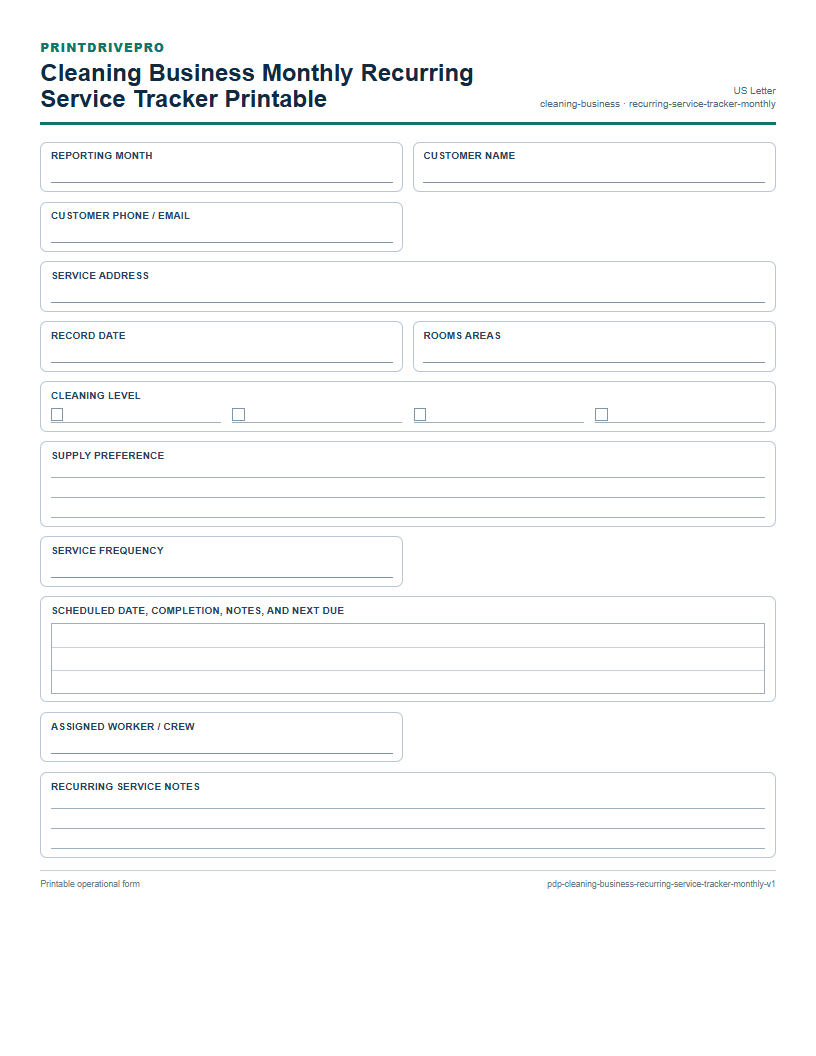 Cleaning Business Monthly Recurring Service Tracker Printable preview