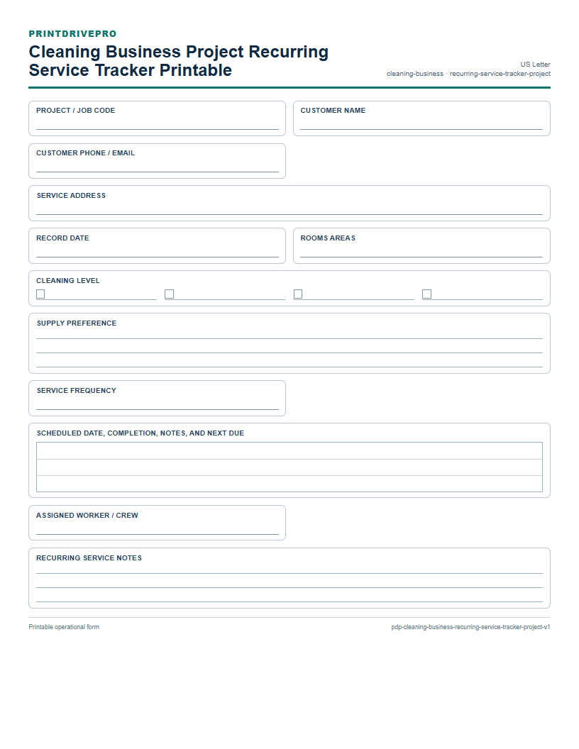 Cleaning Business Project Recurring Service Tracker Printable preview