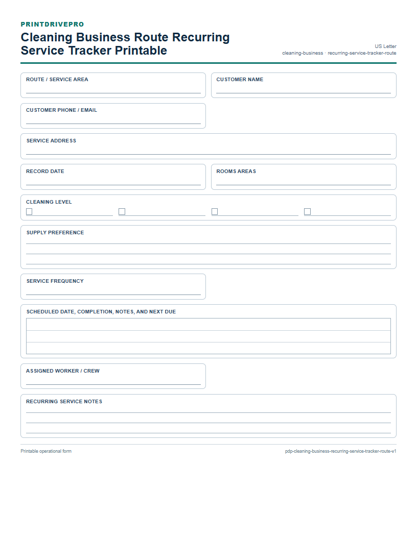 Cleaning Business Route Recurring Service Tracker Printable preview
