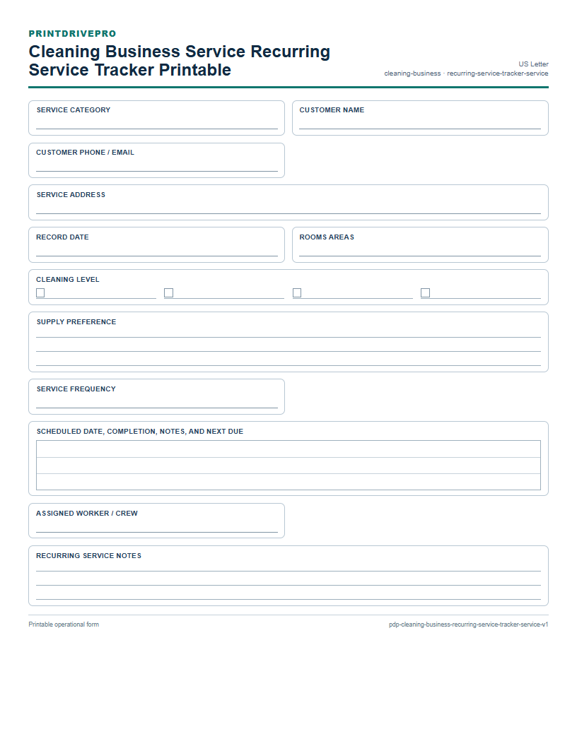 Cleaning Business Service Recurring Service Tracker Printable preview