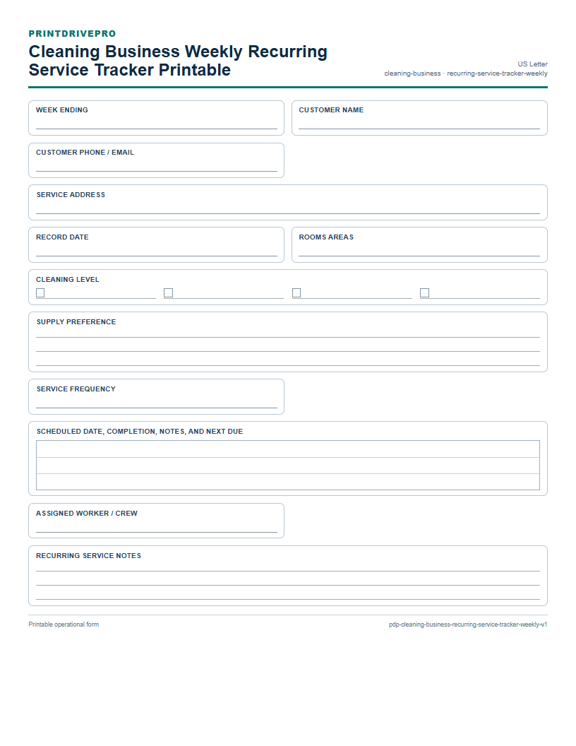 Cleaning Business Weekly Recurring Service Tracker Printable preview