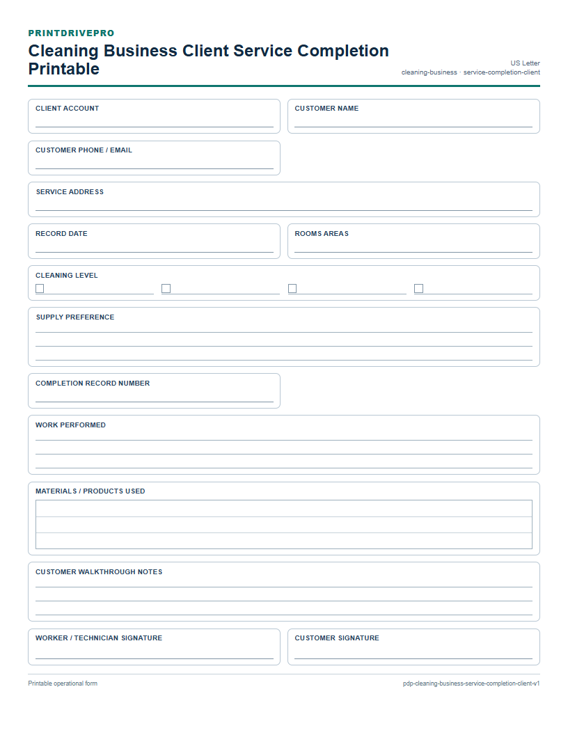 Cleaning Business Client Service Completion Printable preview