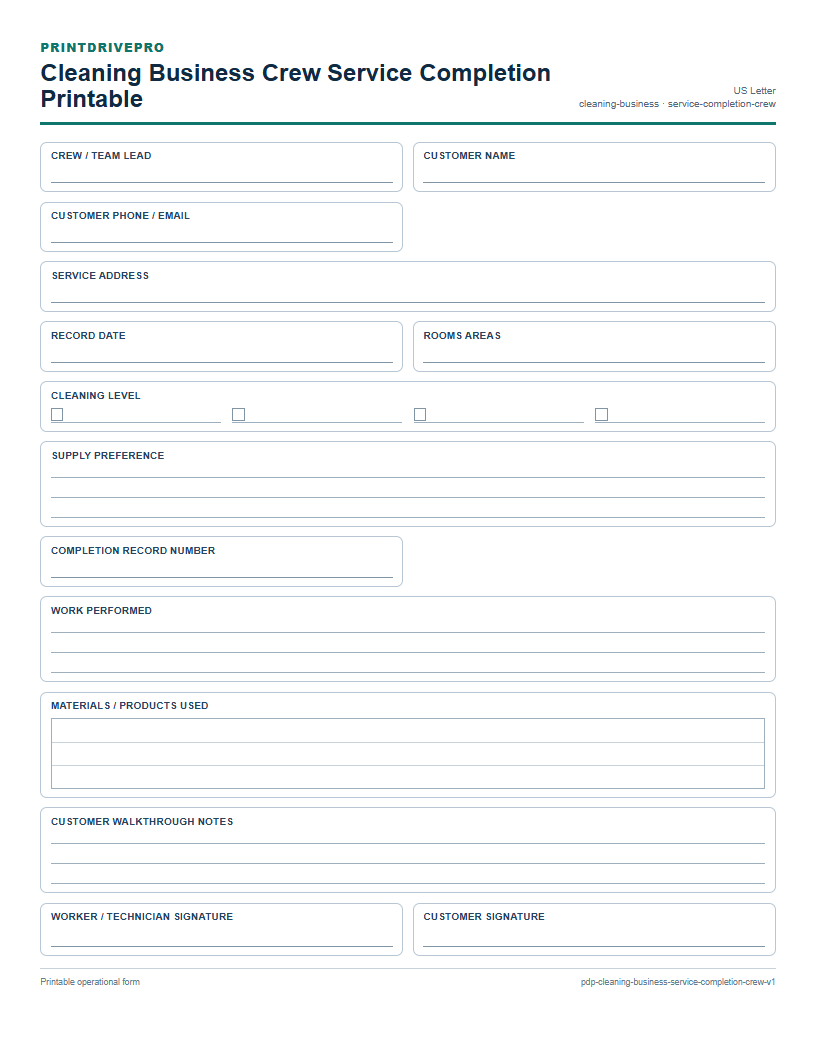 Cleaning Business Crew Service Completion Printable preview