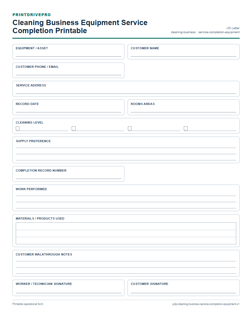 Cleaning Business Equipment Service Completion Printable preview