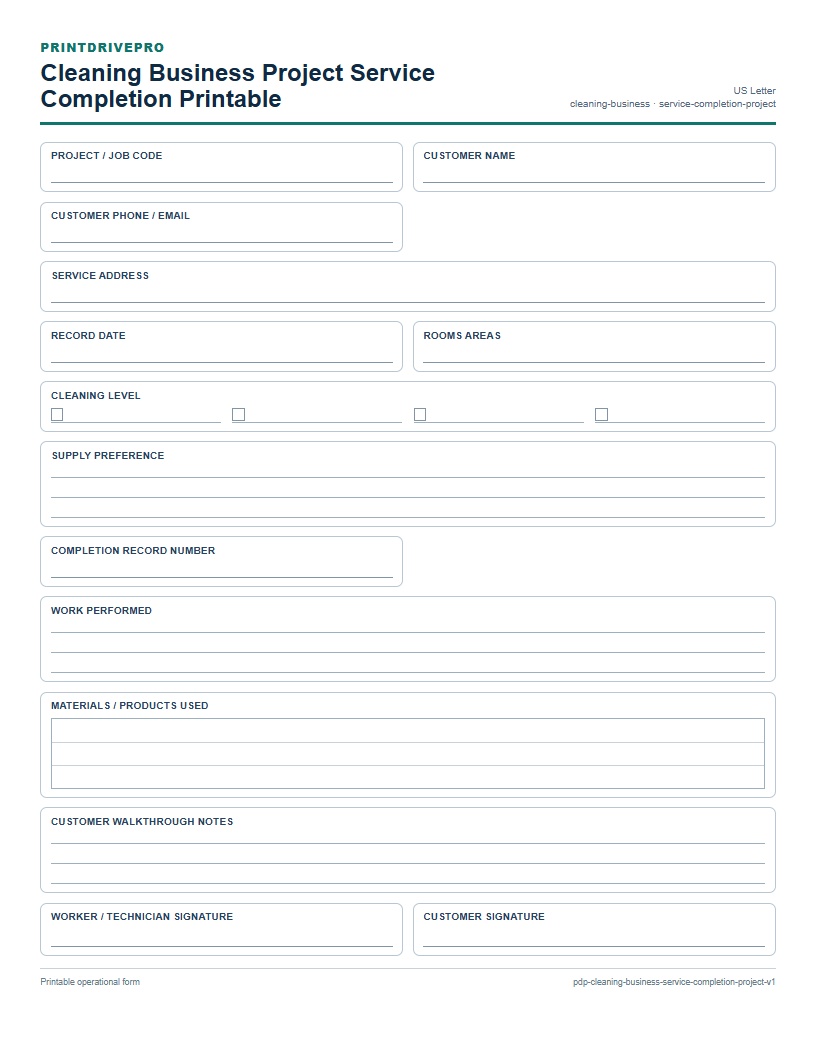 Cleaning Business Project Service Completion Printable preview