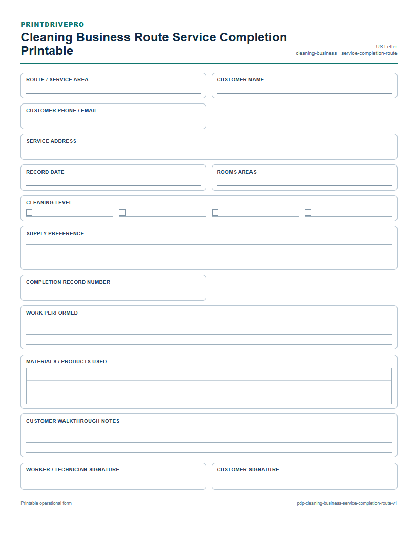 Cleaning Business Route Service Completion Printable preview