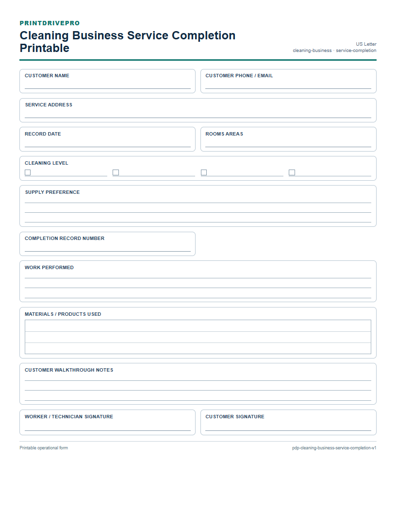 Cleaning Business Service Completion Printable preview