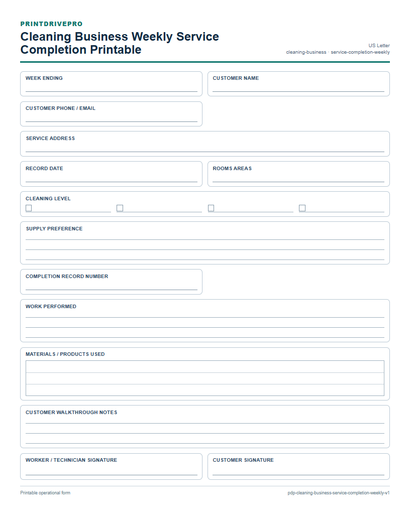 Cleaning Business Weekly Service Completion Printable preview