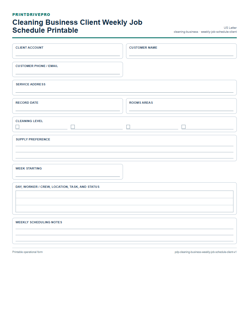 Cleaning Business Client Weekly Job Schedule Printable preview