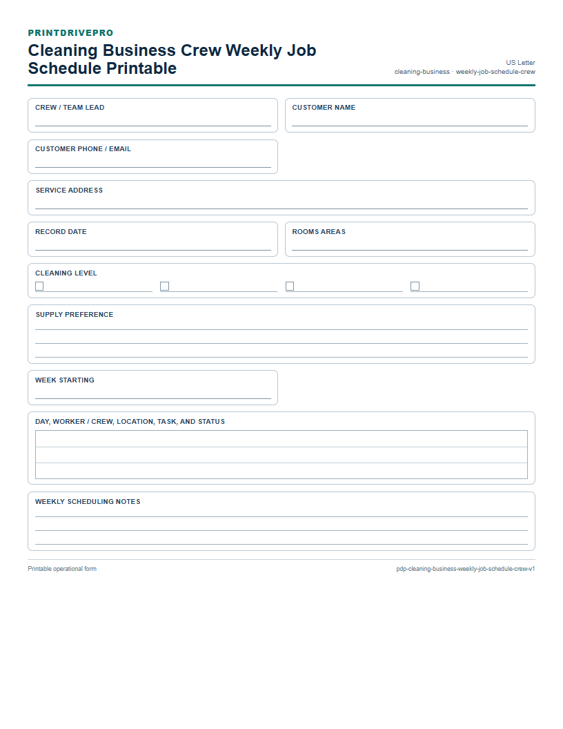 Cleaning Business Crew Weekly Job Schedule Printable preview