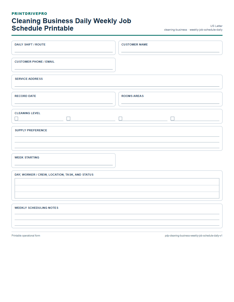 Cleaning Business Daily Weekly Job Schedule Printable preview