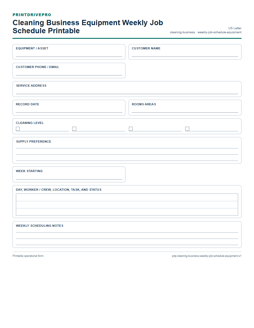 Cleaning Business Equipment Weekly Job Schedule Printable preview