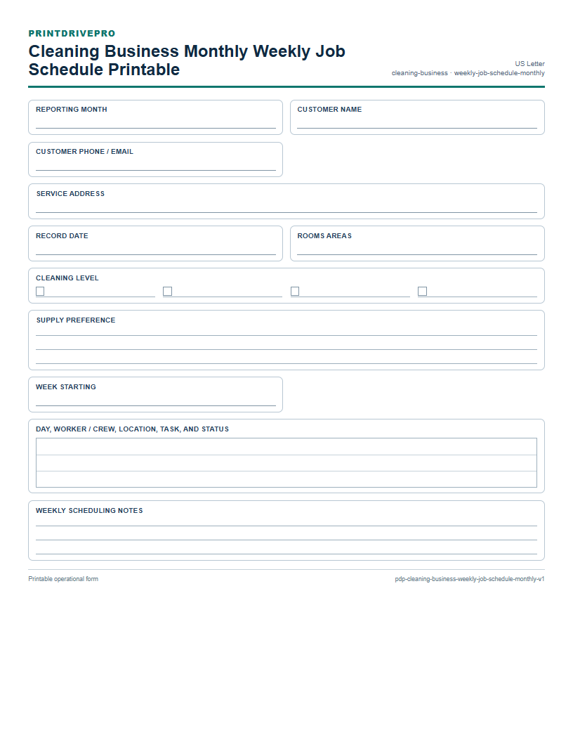 Cleaning Business Monthly Weekly Job Schedule Printable preview