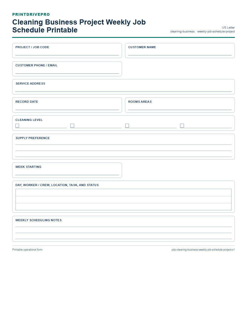 Cleaning Business Project Weekly Job Schedule Printable preview