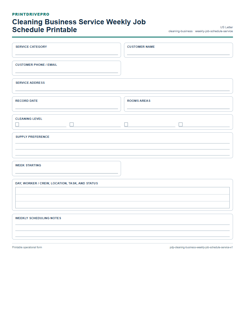 Cleaning Business Service Weekly Job Schedule Printable preview