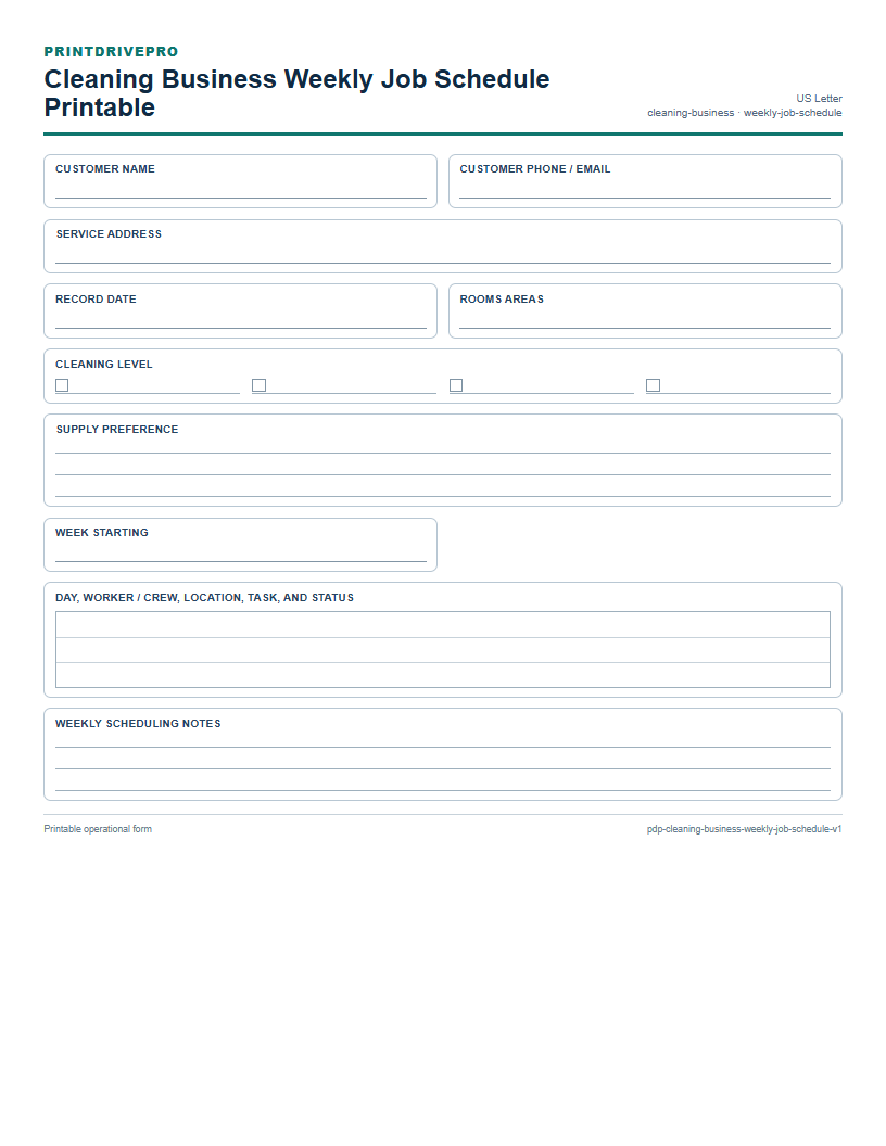 Cleaning Business Weekly Job Schedule Printable preview