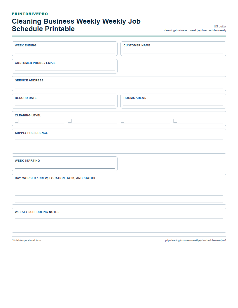 Cleaning Business Weekly Weekly Job Schedule Printable preview