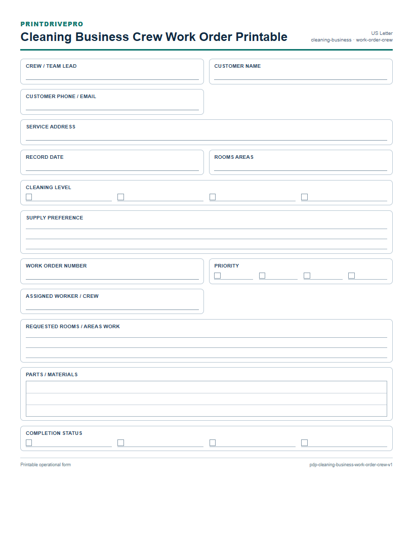 Cleaning Business Crew Work Order Printable preview