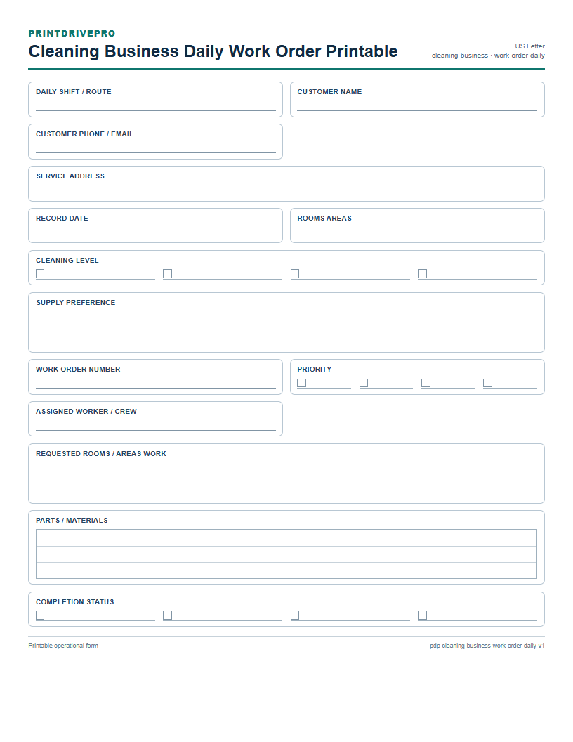 Cleaning Business Daily Work Order Printable preview