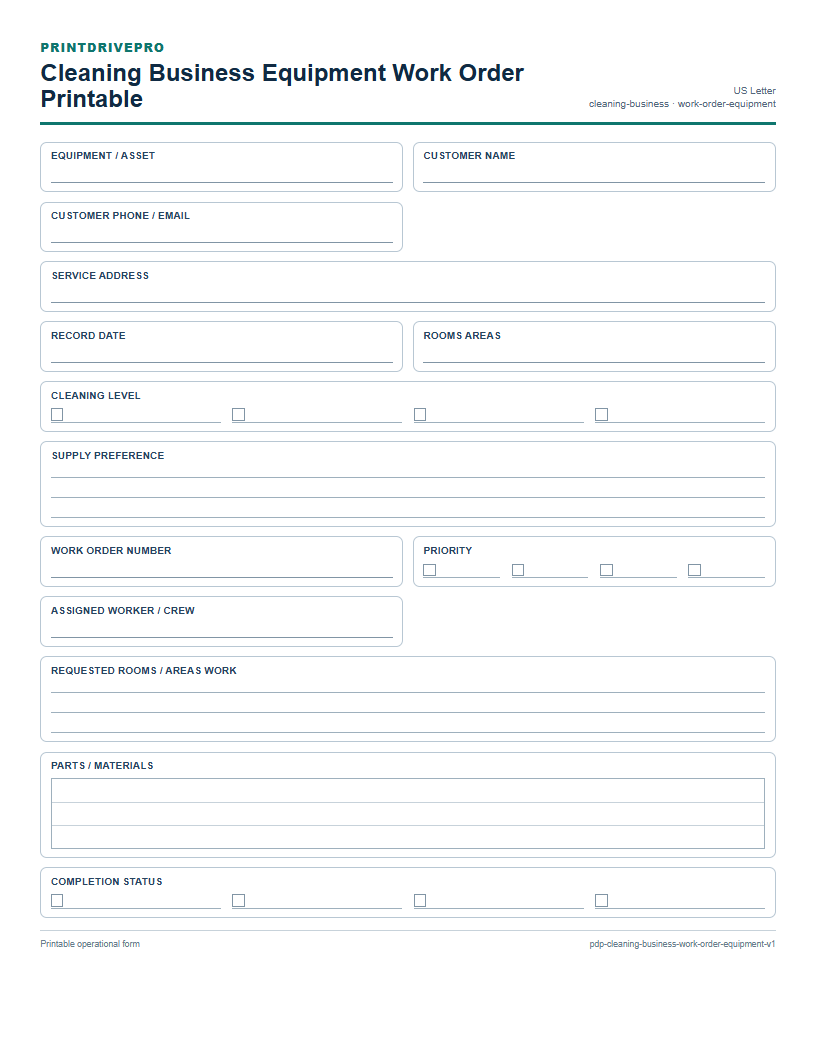 Cleaning Business Equipment Work Order Printable preview