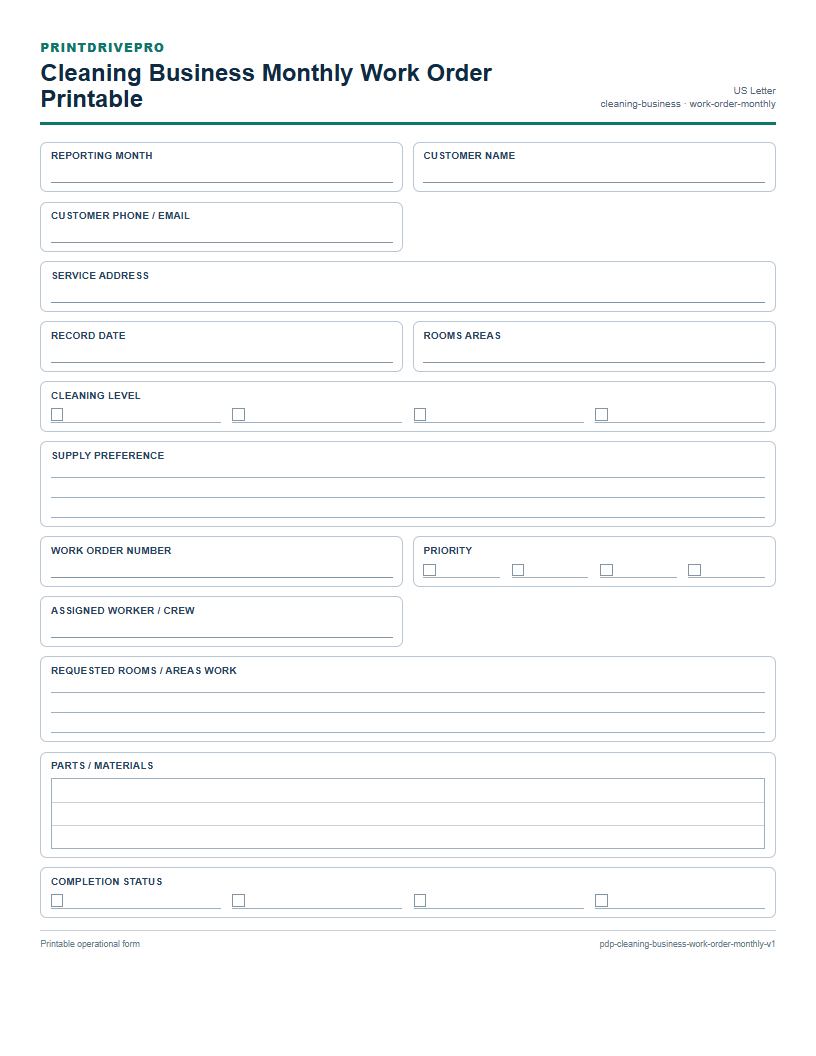Cleaning Business Monthly Work Order Printable preview