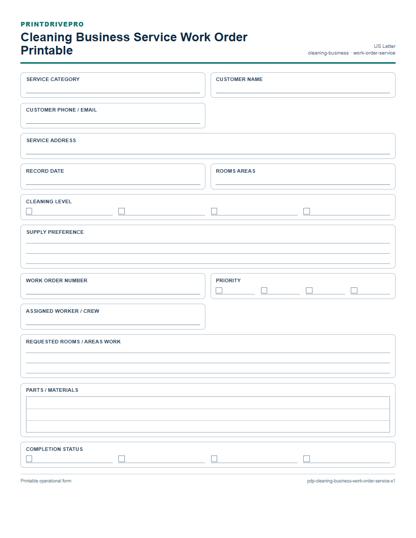 Cleaning Business Service Work Order Printable preview