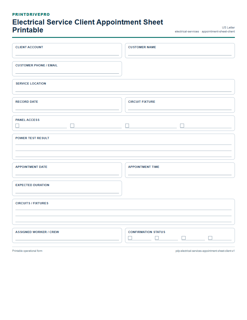 Electrical Service Client Appointment Sheet Printable preview