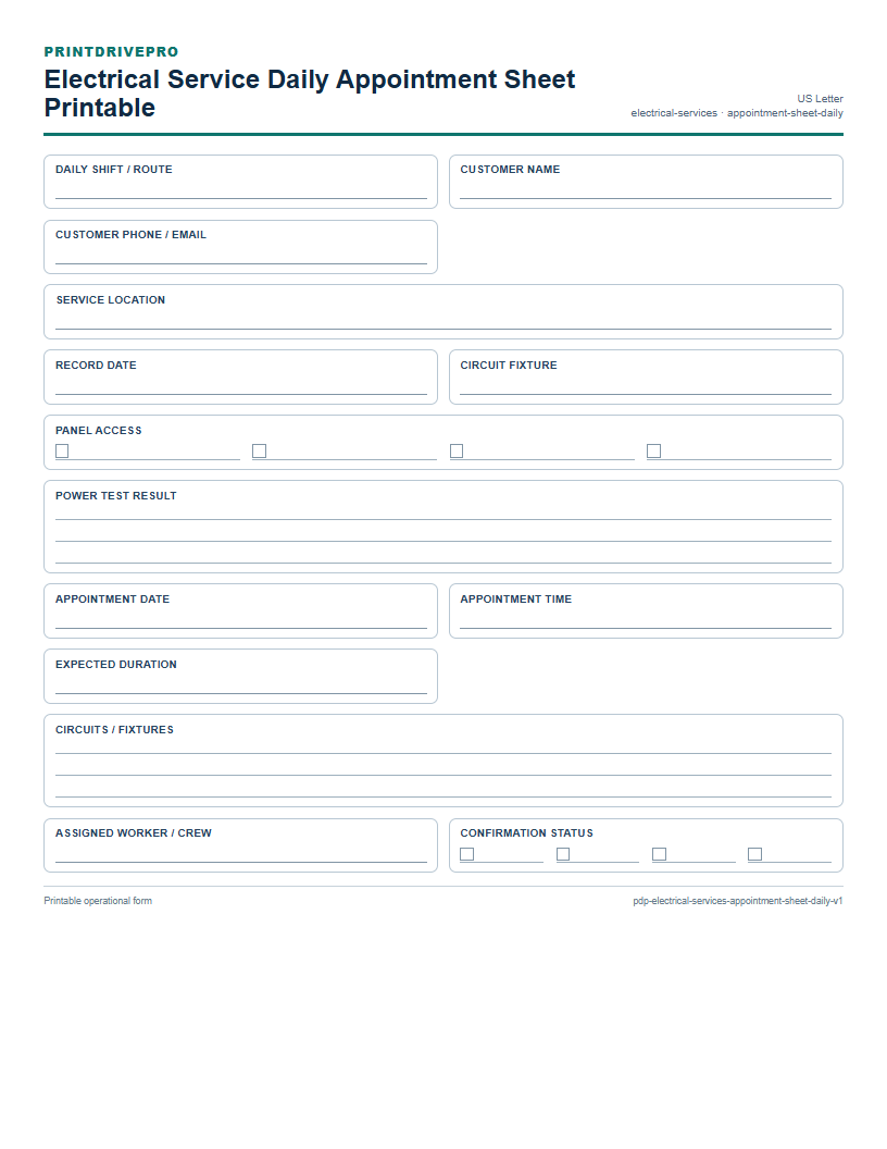 Electrical Service Daily Appointment Sheet Printable preview