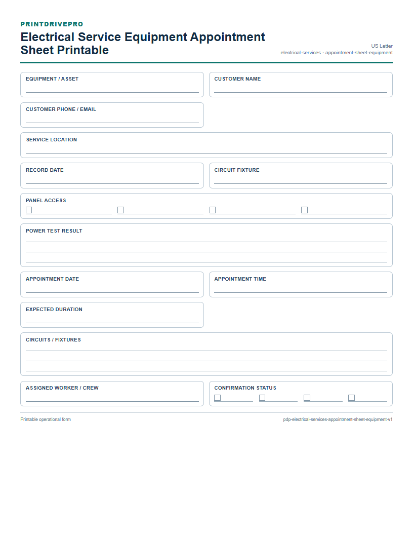 Electrical Service Equipment Appointment Sheet Printable preview