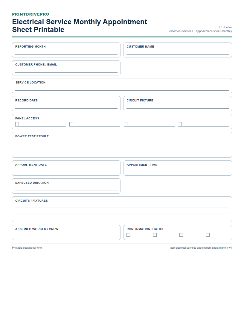 Electrical Service Monthly Appointment Sheet Printable preview