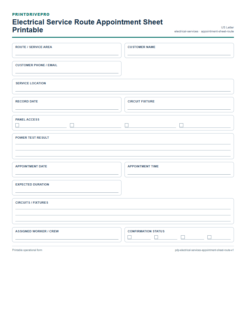 Electrical Service Route Appointment Sheet Printable preview