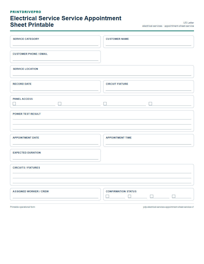 Electrical Service Service Appointment Sheet Printable preview