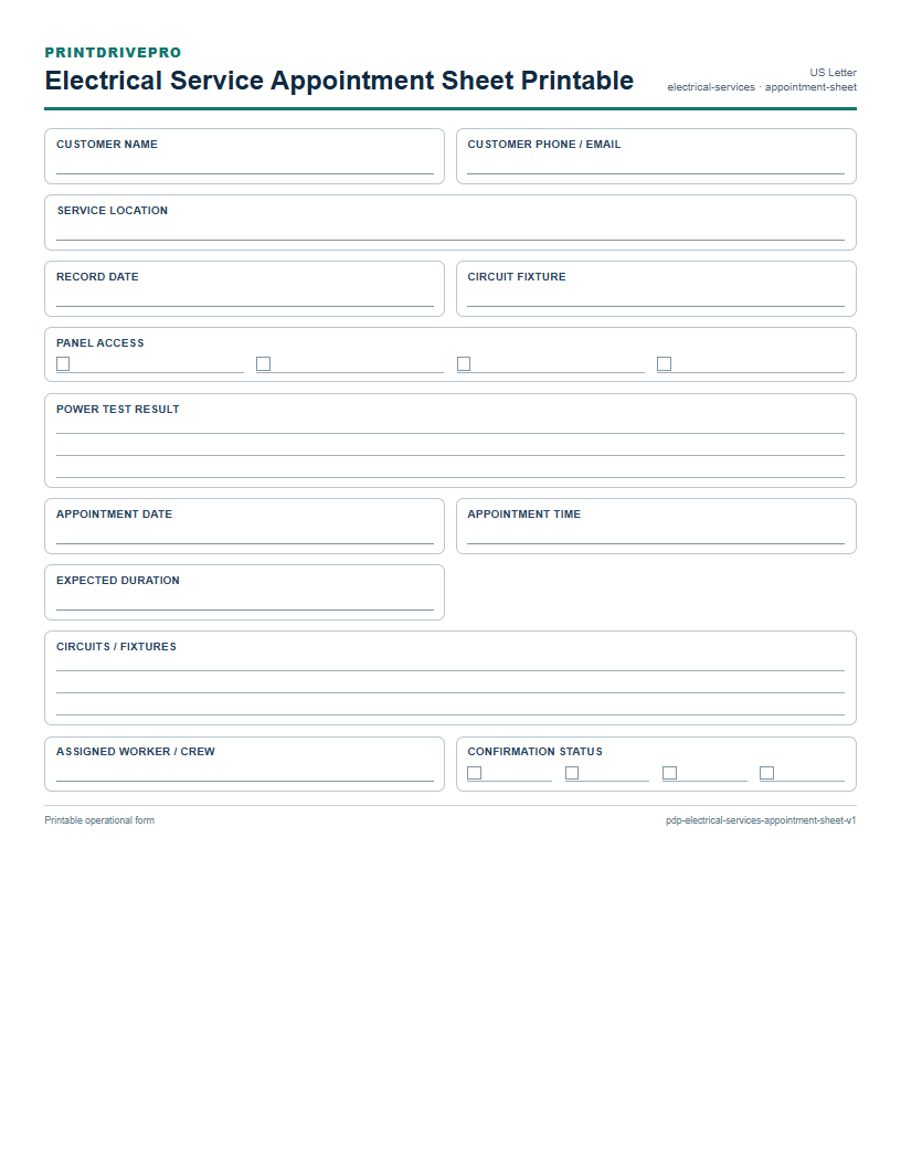 Electrical Service Appointment Sheet Printable preview