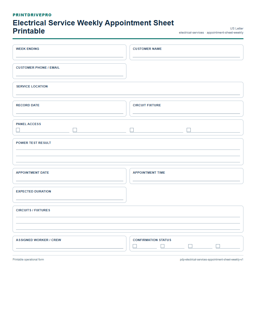 Electrical Service Weekly Appointment Sheet Printable preview