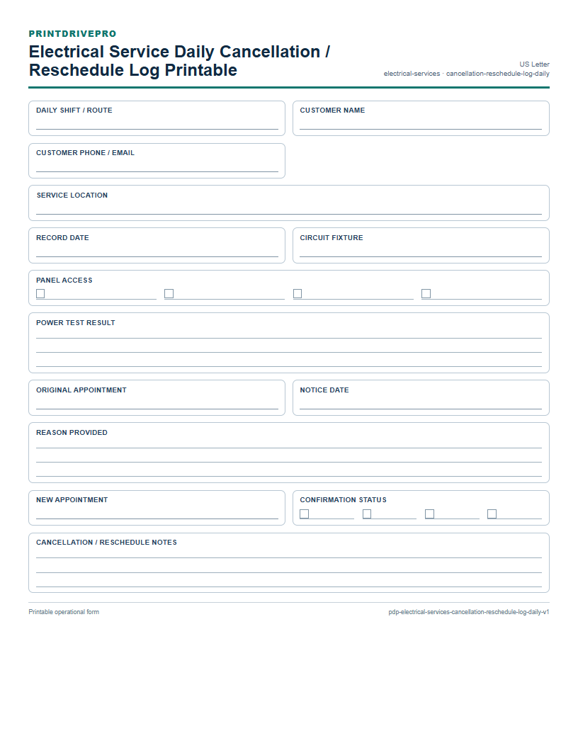 Electrical Service Daily Cancellation / Reschedule Log Printable preview