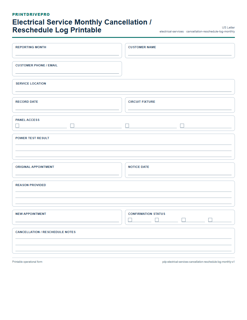Electrical Service Monthly Cancellation / Reschedule Log Printable preview