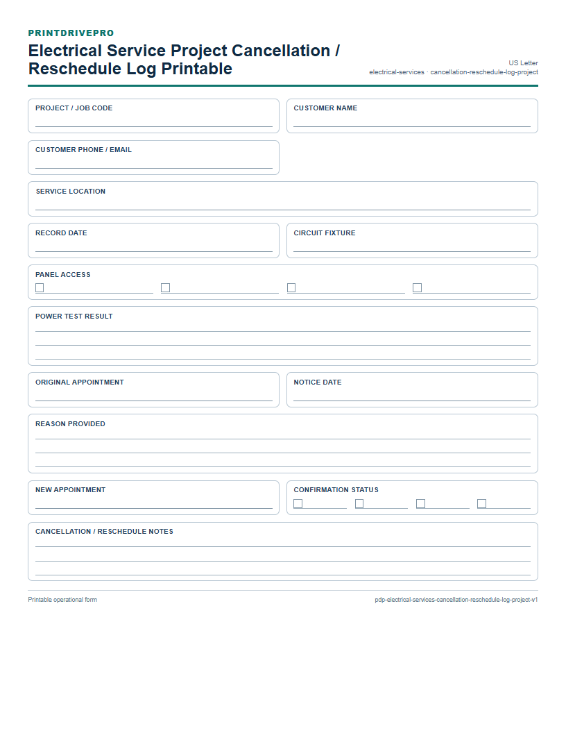 Electrical Service Project Cancellation / Reschedule Log Printable preview